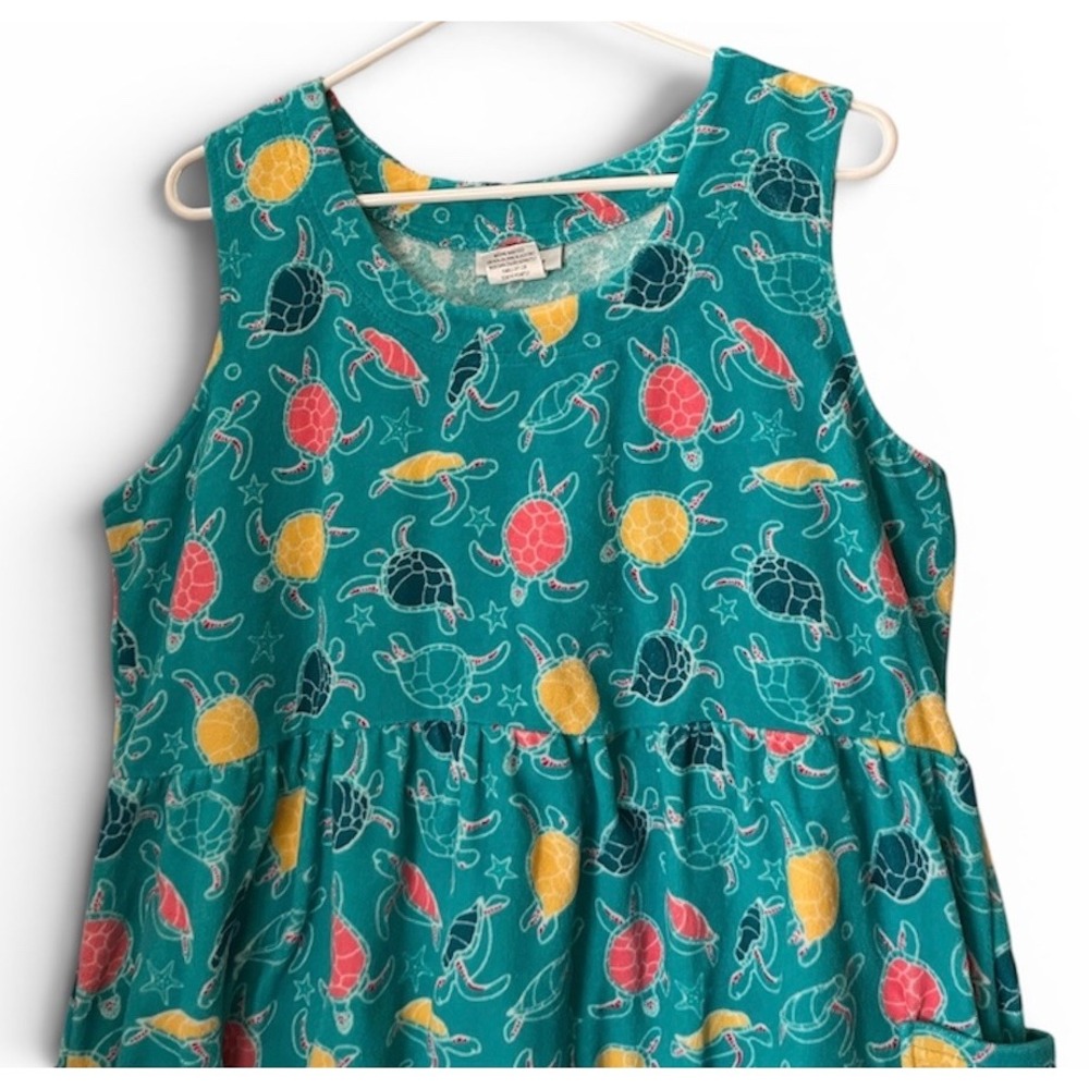 CW Classics Sea Turtle Print Sleeveless Pocket Dress Large Teal Beach Coastal - Picture 3 of 6